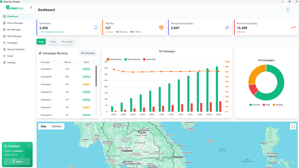 Green Box Manager Main Dashboard - Virtual device management interface